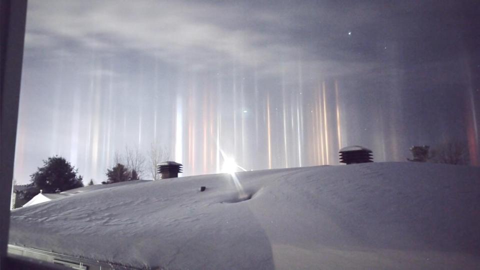  The beams are called 'light pillars' and are formed by ice crystals in the air