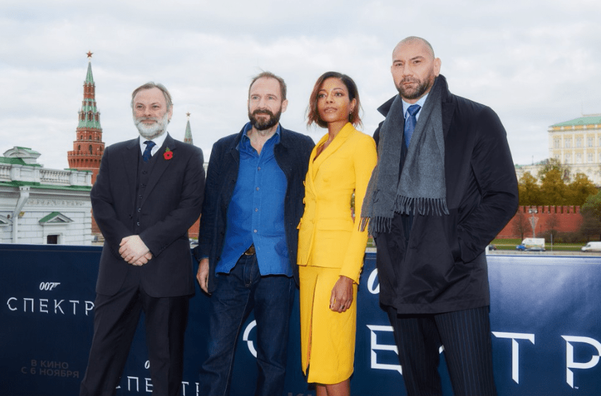  Sir Tim (left) attends the Spectre 007 Moscow photocall with actors Ralph Fiennes, Naomie Harris and Dave Bautista in Russia