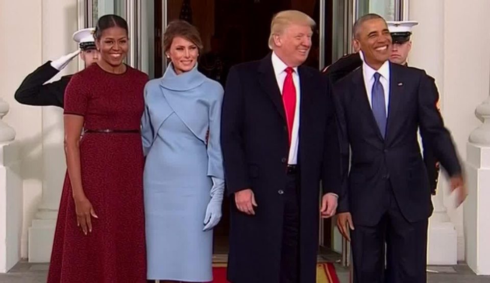  Michelle and Barack Obama pose for a photograph with Melania and Donald Trump outside of the White House