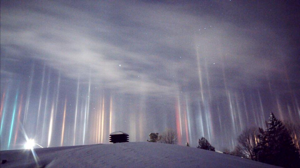  The beams are called 'light pillars' and are formed by ice crystals in the air