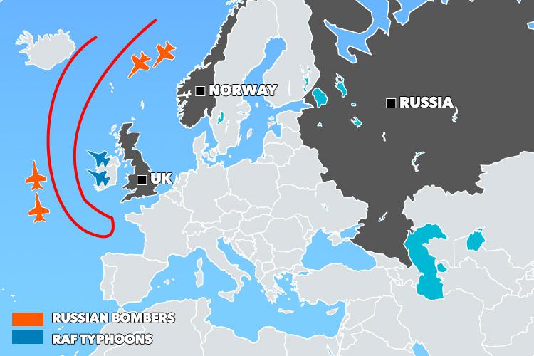  Russian bombers went on a sabre-rattling run down towards the west coast of Ireland. They first passed the Faroe Islands at around 10:15am this morning, and half an hour later were near the coast of the Outer Hebrides. Two RAF Typhoons were scrambled to intercept them from RAF Coningsby at 11:13am, keeping watch as the bombers looped around the south of Ireland and headed back up north