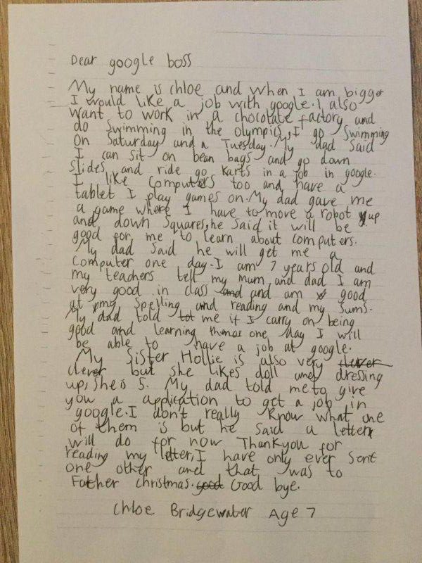  Chloe sent this letter to Google in hope of getting a job