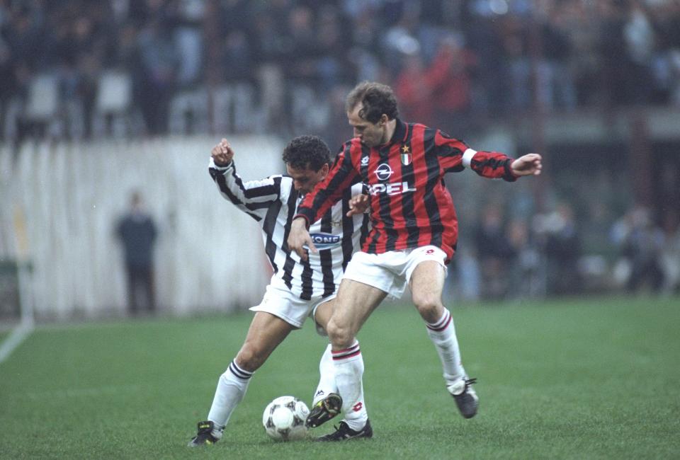  Roberto Baggio does battle against AC Milan's Franco Baresi — the two Italian legends both missed penalties at 1994 World Cup