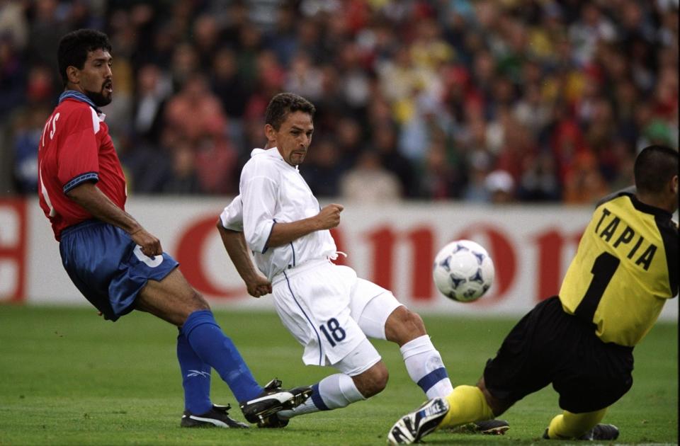  Roberto Baggio scores against Chile in 1998, to net in third World Cup finals