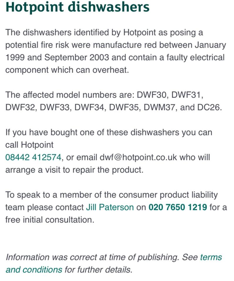  Hotpoint sent out this warning in 2013 over 'fire risk' dishwashers