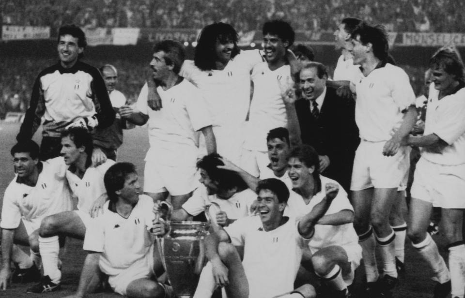  Silvio Berlusconi celebrates with players after incredible 1989 Euopean Cup final display