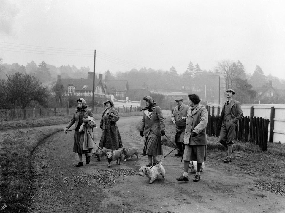  The Queen (far left) and the Queen Mother (second from left) walking pets in 1956