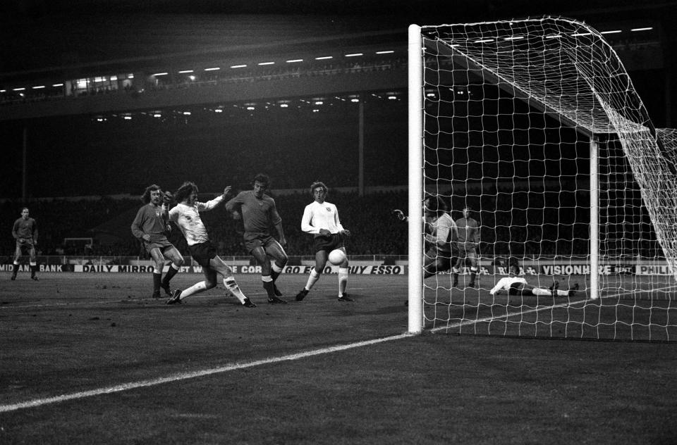  Channon fires against the post in a World Cup qualifier with Poland in 1973