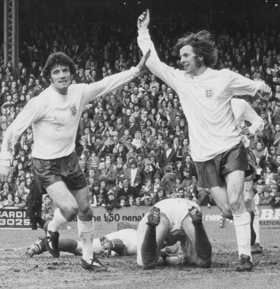  Stan celebrates scoring against Wales in 1974 at Wembley