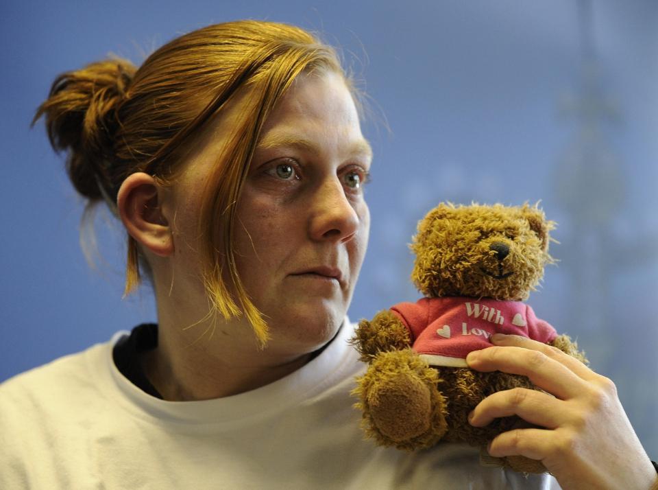  Karen, the mother of missing 9-year-old Shannon Matthews, pictured holding her daughter's favourite teddy bear as she made an emotional appeal for her safe return