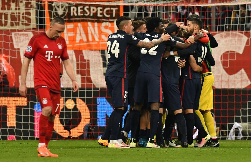  Atletico Madrid players celebrate after overcoming Bayern Munich in semi-finals