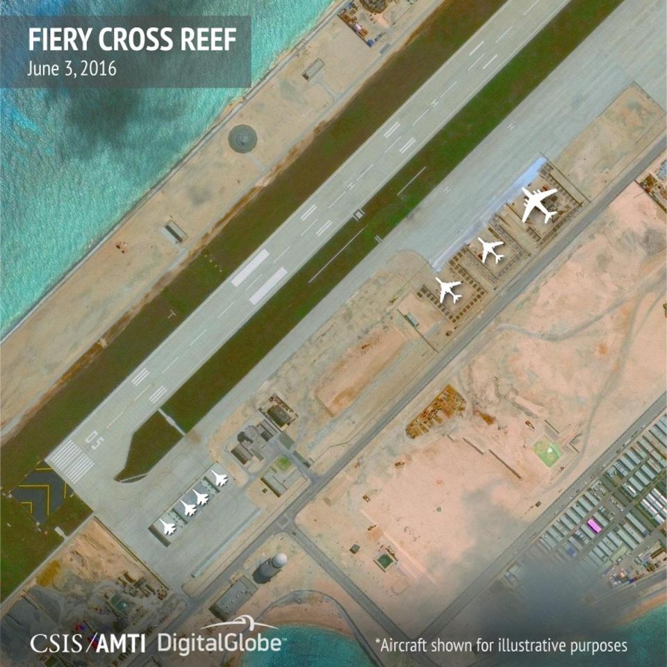  A closer look at Fiery Close Reef shows China appears to have created an airbase - the island is essentially as powerful as an aircraft carrier