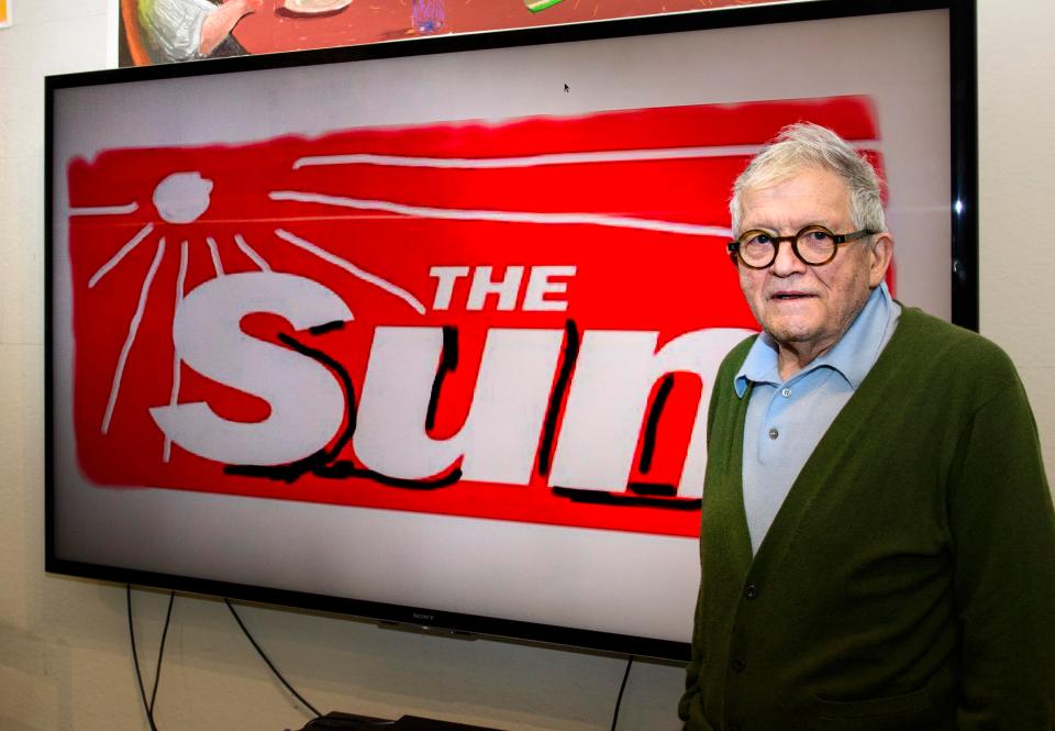  Artist David Hockney has redesigned the logo of the Sun for Friday's newspaper