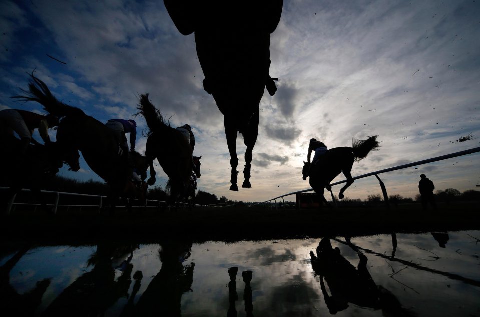  Runners clear the water jump at Leicester racecourse