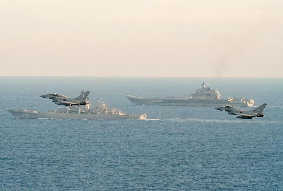  RAF Typhoons monitor Russian warships Pyotr Velikiy and the Admiral Kuznetsov as they pass close to UK territorial waters