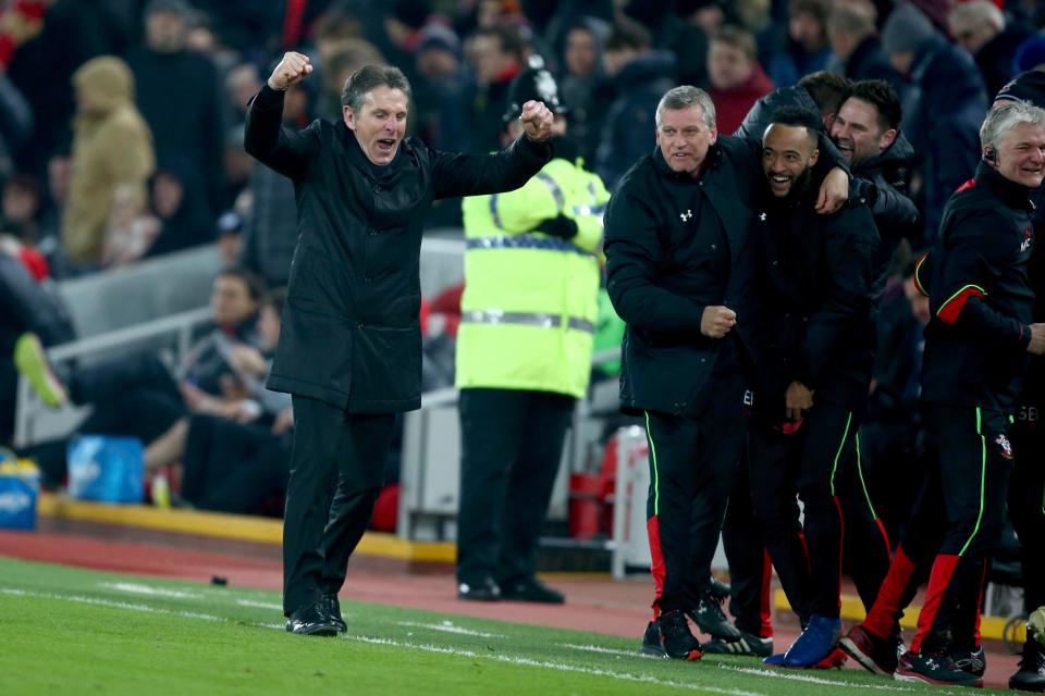  Claude Puel celebrates Long's clinching strike at Anfield last month