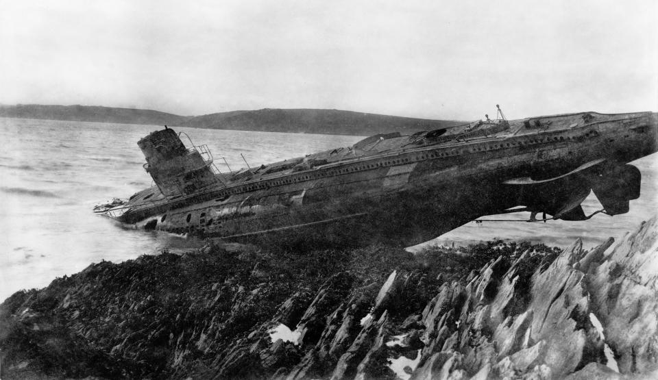  A German sub lies stranded after being surrendered following the war in 1918