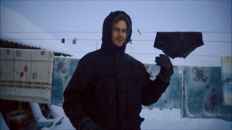  Balders attempts to dry his freshly-washed underwear outside