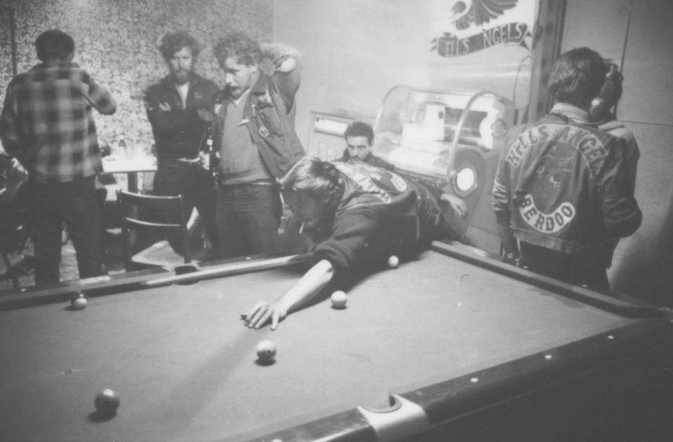  Hells Angels members playing pool inside a clubhouse in San Bernardino