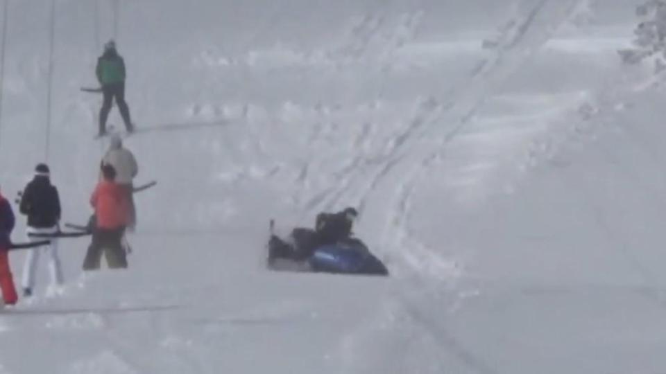  The snowboarder launched himself at the unmanned machine, which was heading onto a busy ski run at Uludag resort in Turkey