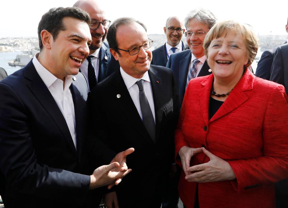  Greek Prime Minister Alexis Tsipras, French President Francois Hollande and German Chancellor Angela Merkel