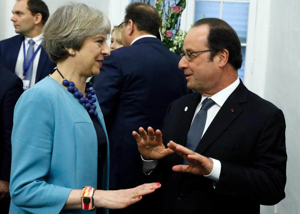  Theresa May talks to French President Francois Hollande at the informal meeting of EU heads of state or government in Valletta, Malta