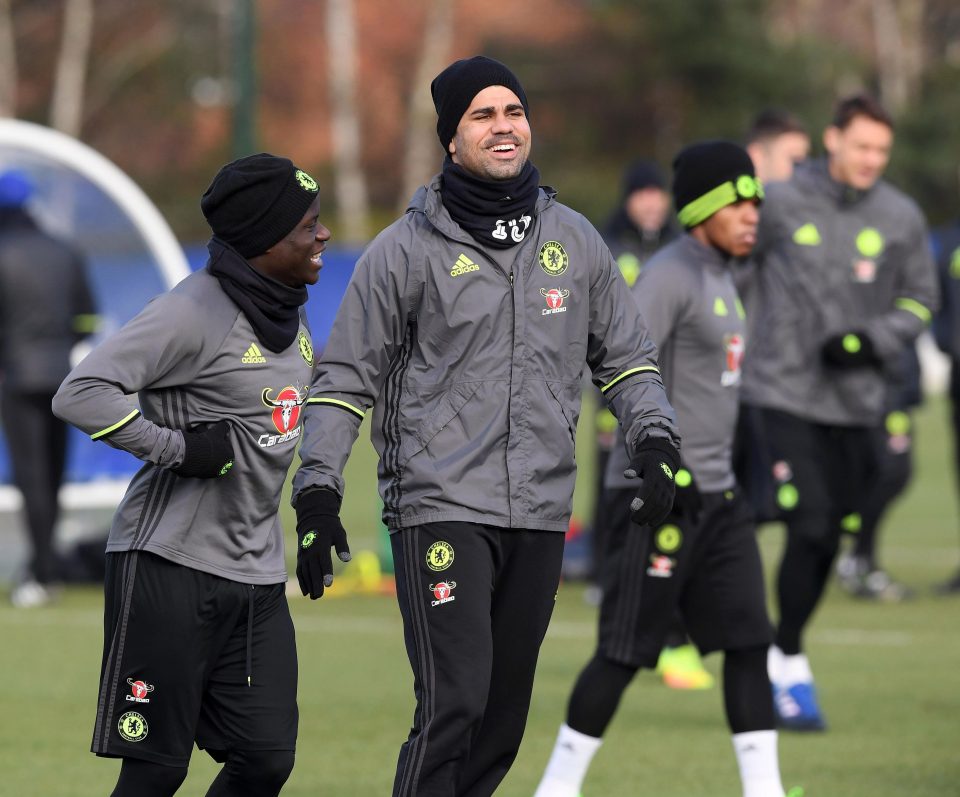  Eastern promise? - Costa is all smiles with N'Golo Kante in Chelsea training amid rumours he has agreed to move to China