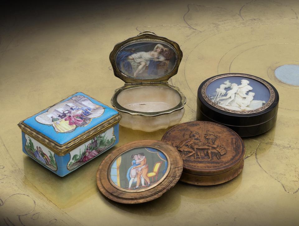  Items range from the more modern to antique treasures such as these elegant boxes adorned with kinky images