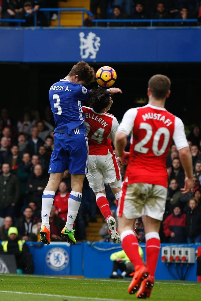  Marcos Alonso elbowed Hector Bellerin as he scored his header