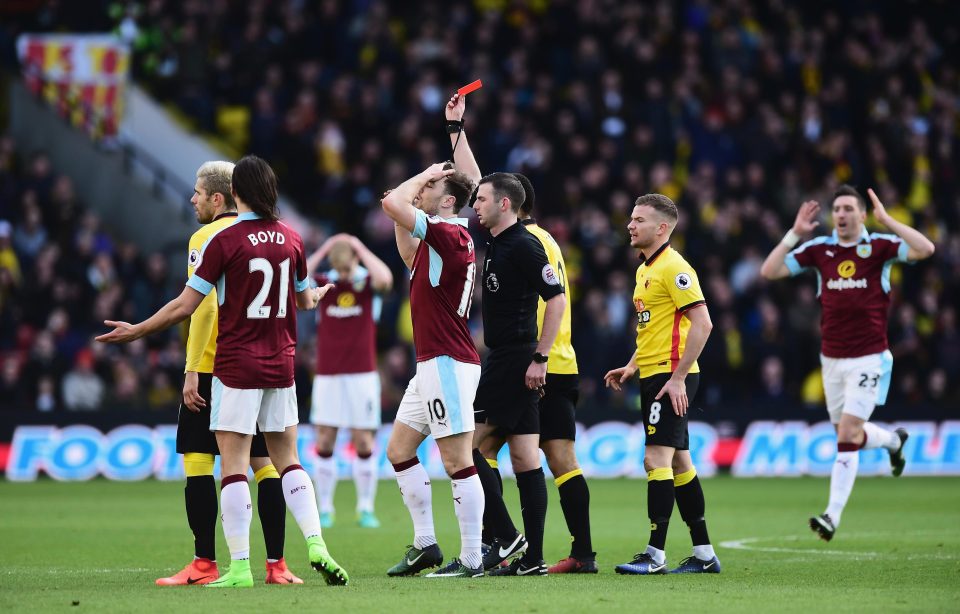  Burnley players had their head after seeing red just six minutes in