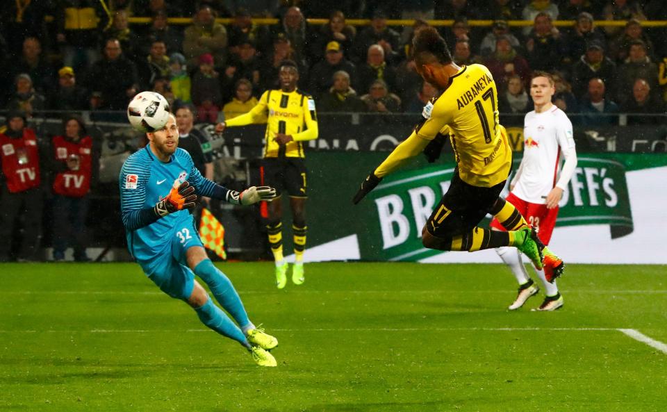  Aubameyang scored the first goal of the game after brilliant play from Ousmane Dembele