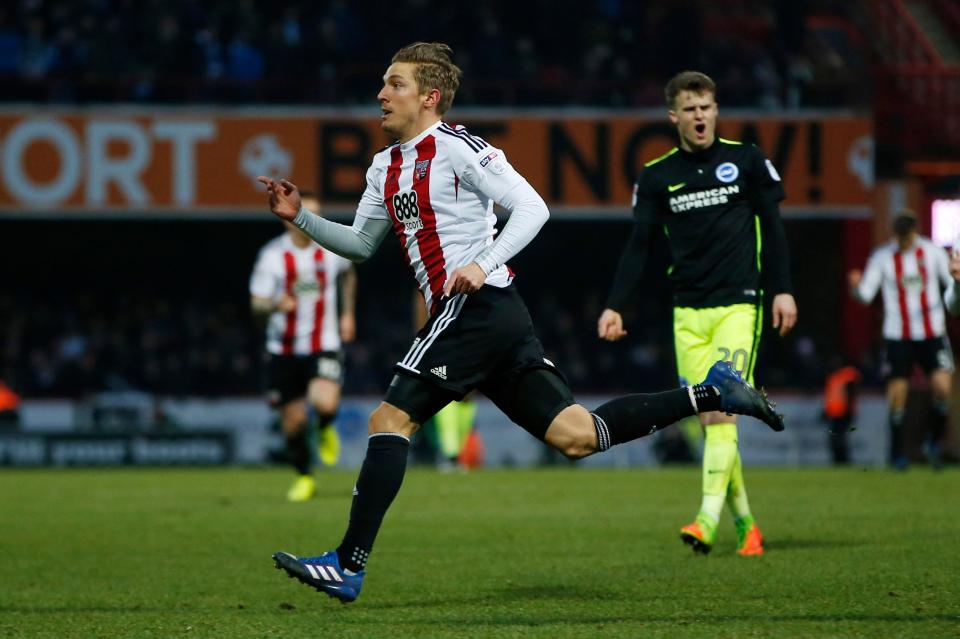  Brentford's Konstantin Kerschbaumer scores their third goal in added time