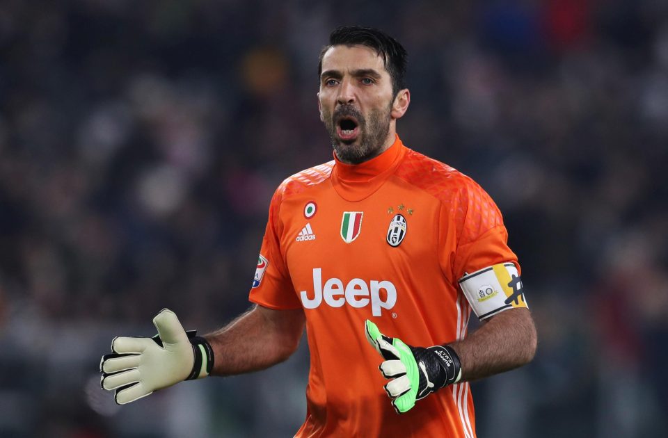  Buffon reacting after Mario's shot went inches wide of the post