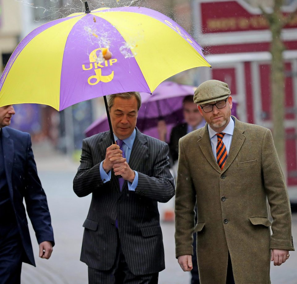  Nigel Farage was hit by an egg as he campaigned in Stoke this afternoon