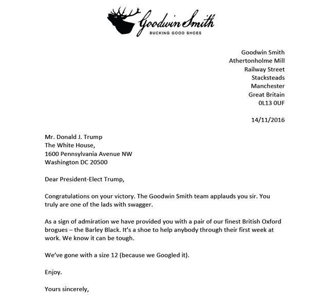  The Lancashire shoe firm called Donald Trump 'one of the lads with swagger' in their letter