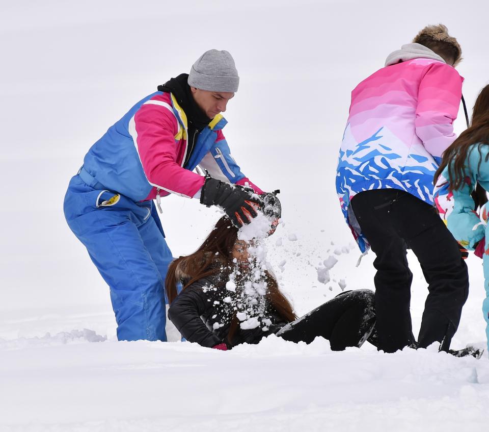  The cast were seen having a snowball fight