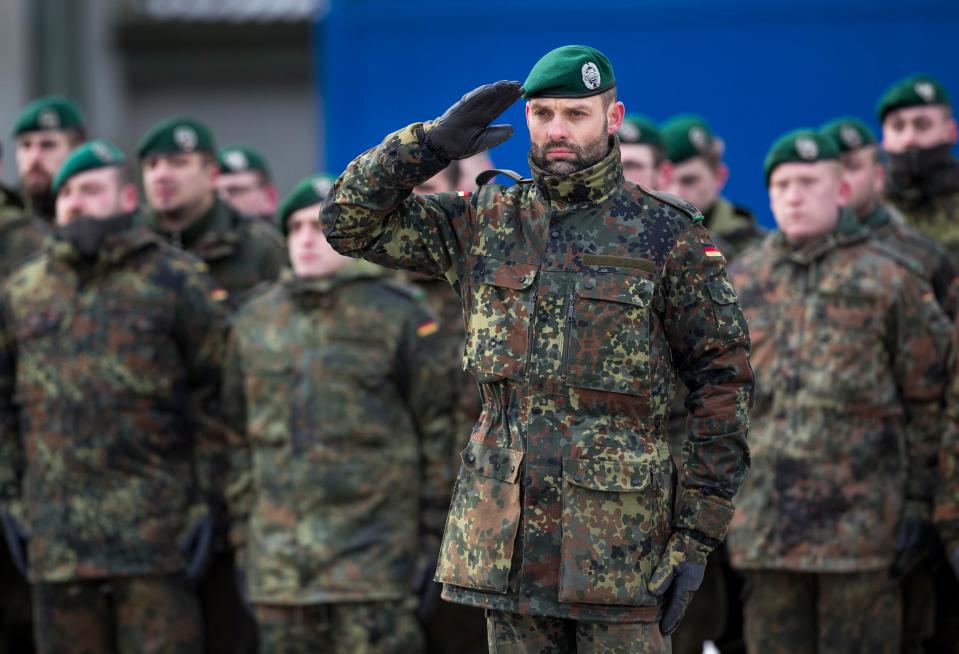  A German soldier salutes during the massive military exercises