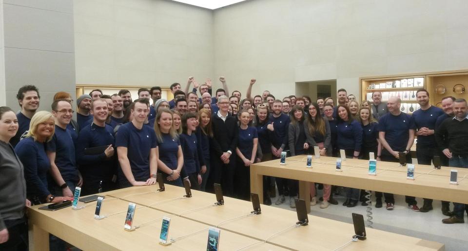  Staff at the Apple Store in Glasgow prepare to meet their glorious leader