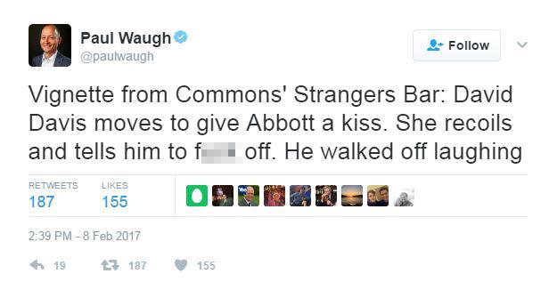  The incident was reported on Twitter by journalist Paul Waugh