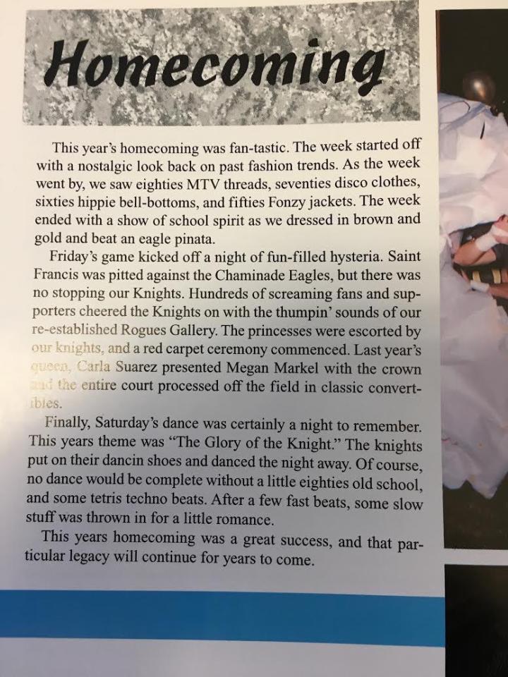  A description of the Homecoming football game and Meghan Markle's crowning as Homecoming Queen written by St Francis pupils