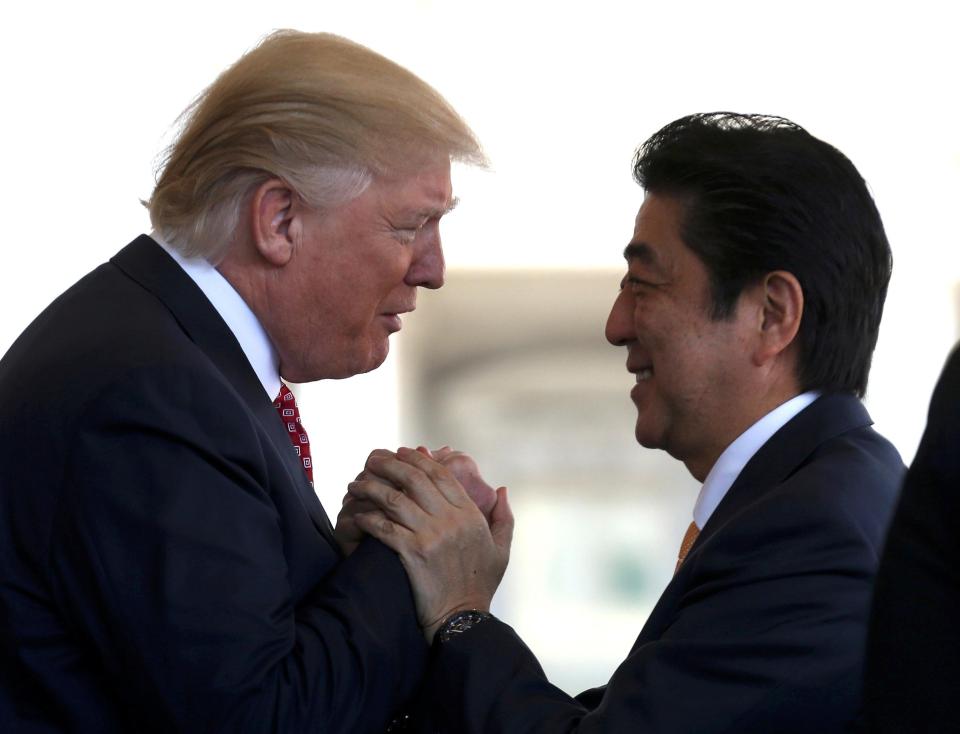  Japanese PM Shinzo Abe is greeted by President Trump. The pair are key allies in the fight against North Korea's nuke program