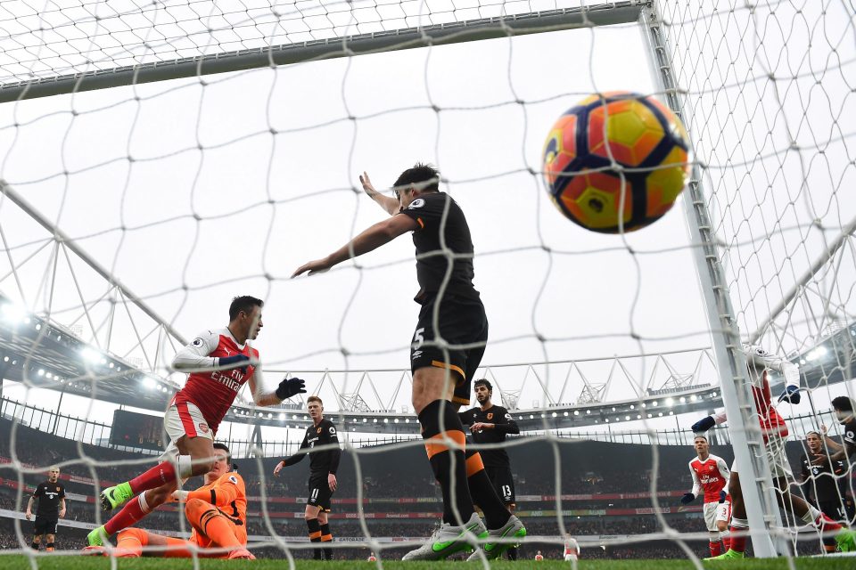  The ball flies rolls over the line to gift Arsenal three points