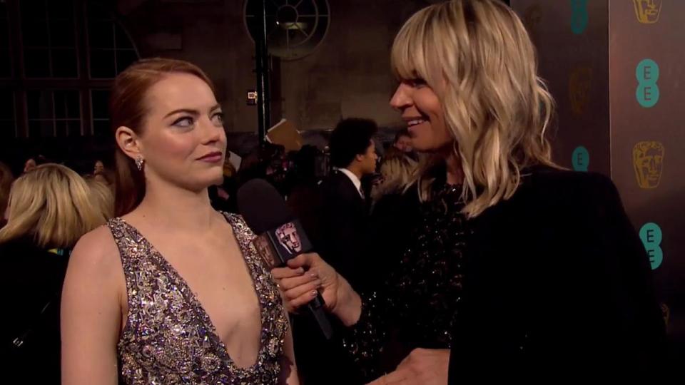  Actress Emma Stone looked at presenter Zoe Ball in bemusement as she was interviewed on the Bafta red carpet