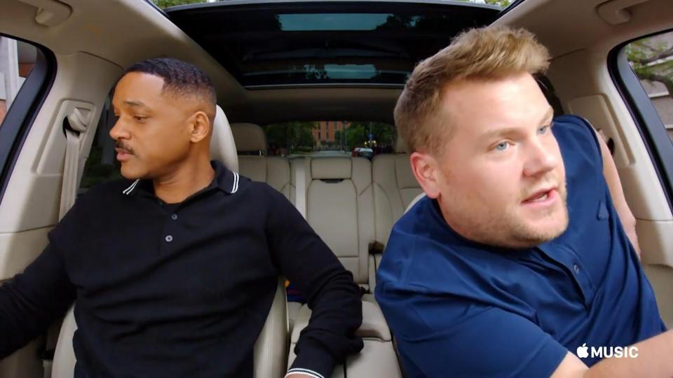  Will Smith takes a seat as James Corden gets his seatbelt on