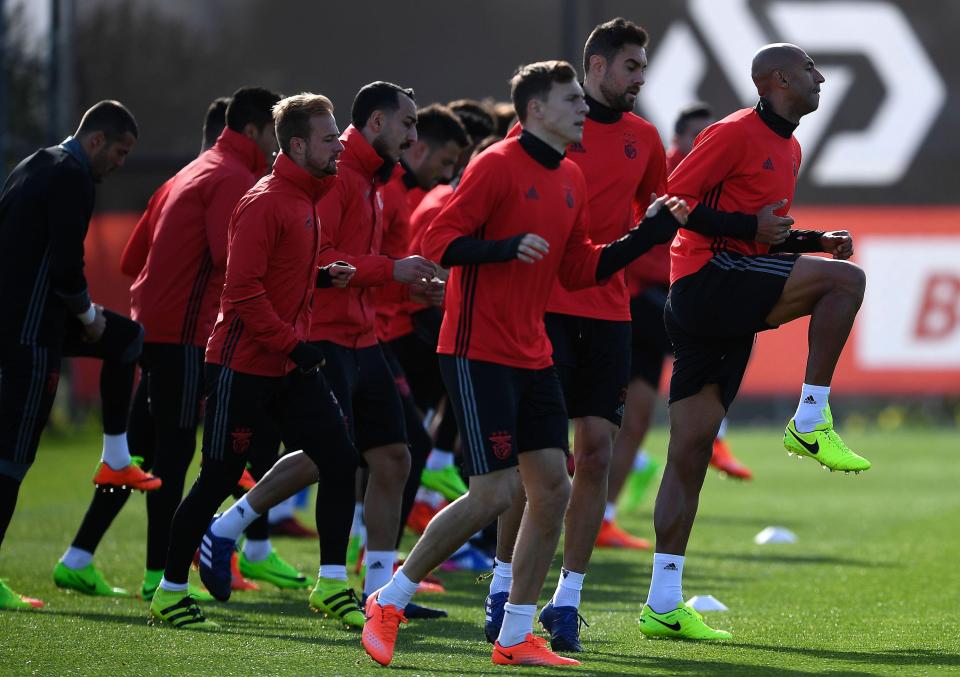  Benfica players go through their paces at the team's training ground on Monday