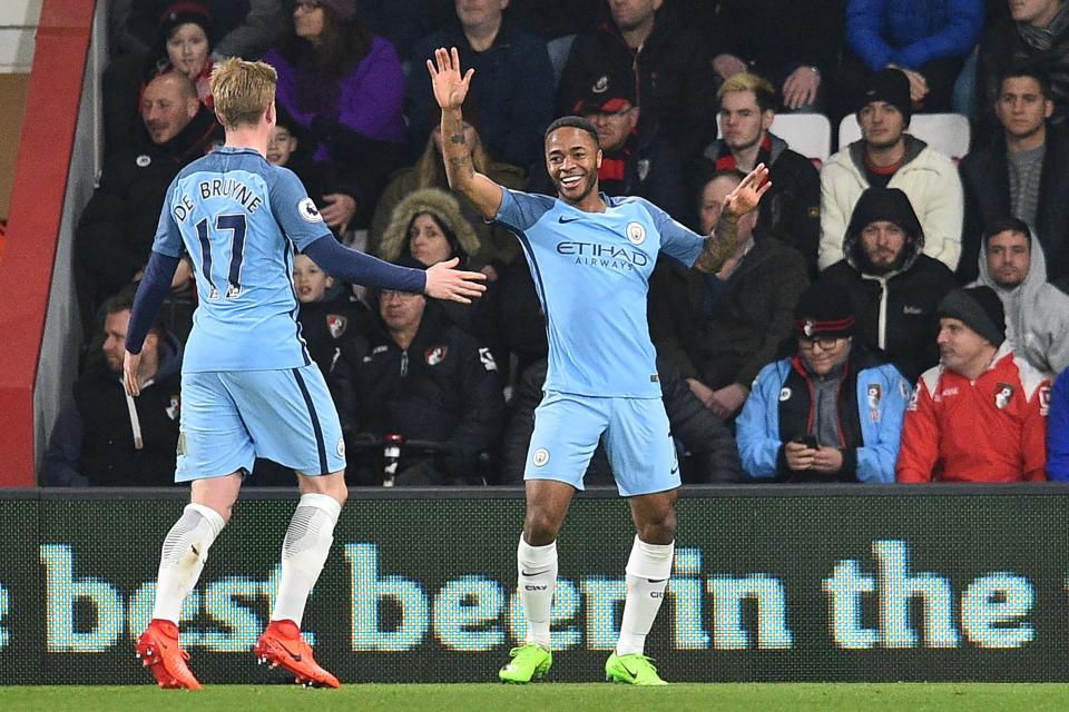  Raheem Sterling celebrates after breaking the deadlock for City at Bournemouth