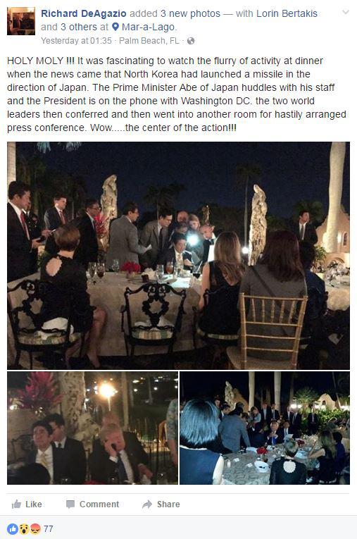  Facebook user Richard DeAgazio posted the pictures of Trump huddling with aides and Japanese PM Shinzo at Trump's Mar-a-Lago resort