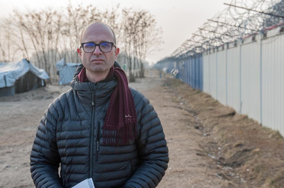  Sun man Oliver Harvey in the migrant camp on the Serbian border, directly next to the Hungarian built fence