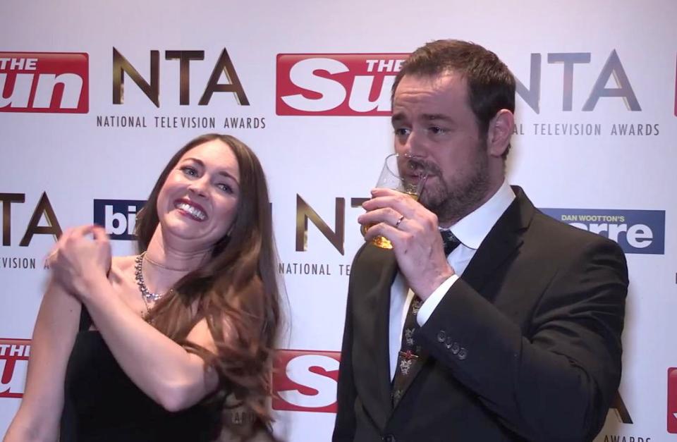  The actor enjoying a bevvy alongside nervous-looking co-star Lacey Turner, who plays Stacey Fowler in the soap