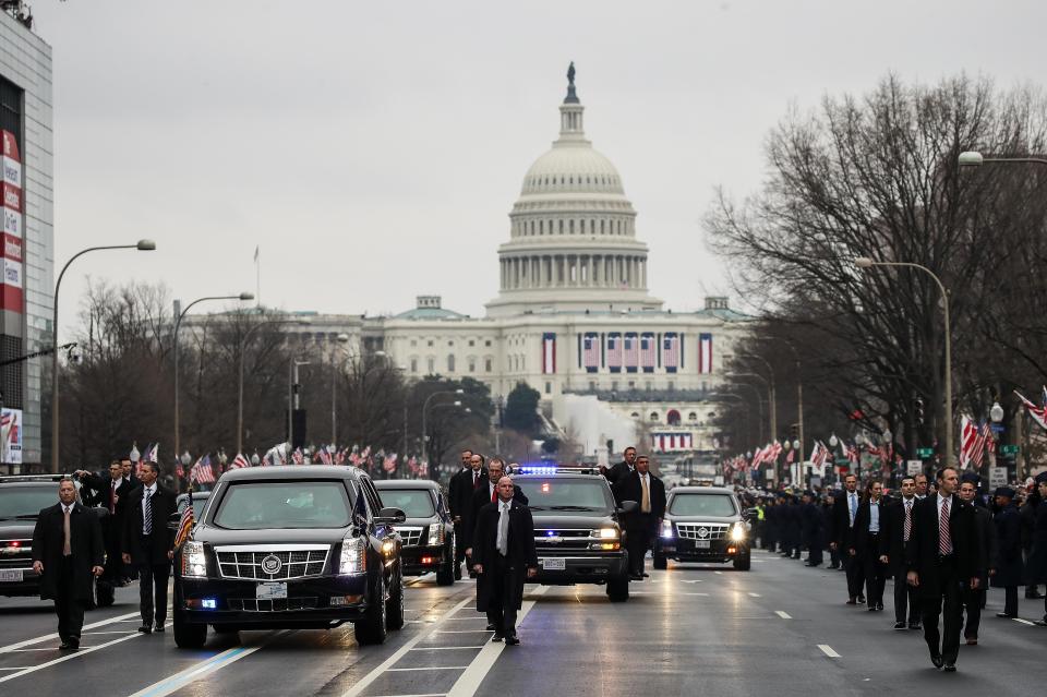  Trump's motorcade, pictured during his inauguration in Washington, was targeted when the US President travelled through Florida